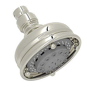 Polished nickel 4-inch showerhead with 3-function spray pattern and adjustable nozzles on threaded connection arm.