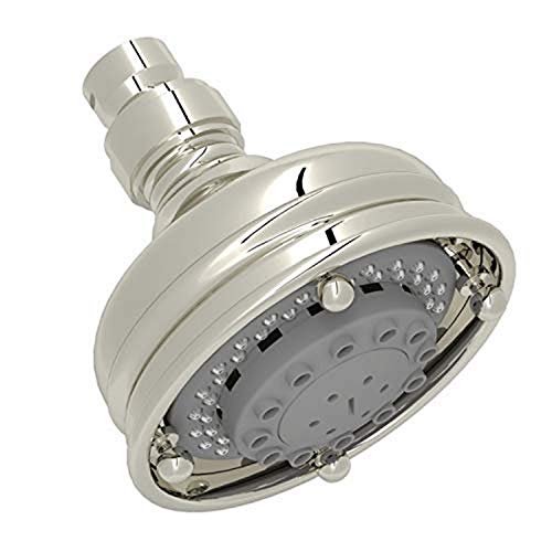 Polished nickel 4-inch showerhead with 3-function spray pattern and adjustable nozzles on threaded connection arm.