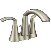 Brushed nickel two-handle bathroom faucet with high arc spout and centerset configuration.