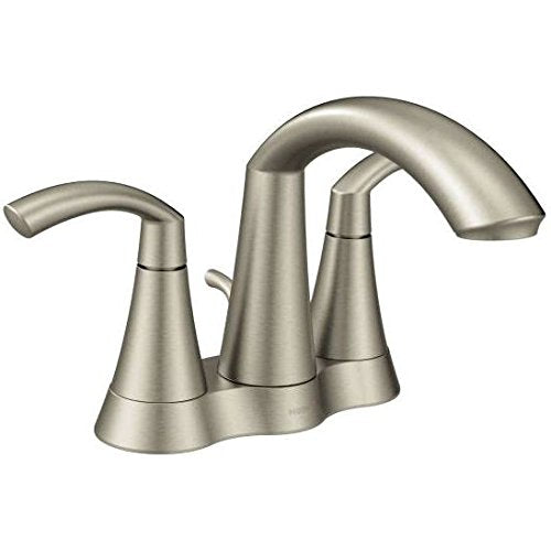 Brushed nickel two-handle bathroom faucet with high arc spout and centerset configuration.