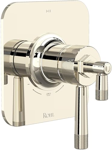Polished nickel thermostatic shower valve trim with dual lever handles and circular trim plate.