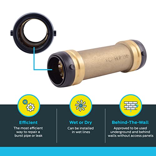 Brass slip coupling fitting with black push-to-connect ends and removable collar, 1-1/2 inch diameter.