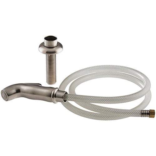 Stainless steel side spray with curved nozzle, threaded mounting stem, and clear braided hose with connector.