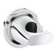 Chrome spray holder with pivoting arm and circular wall mount base for shower hose attachment.