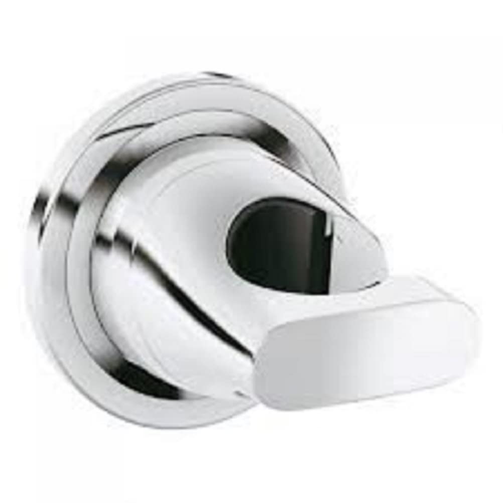 Chrome spray holder with pivoting arm and circular wall mount base for shower hose attachment.