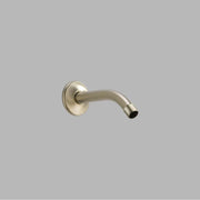 Brushed nickel shower arm with round wall flange and threaded connection end.