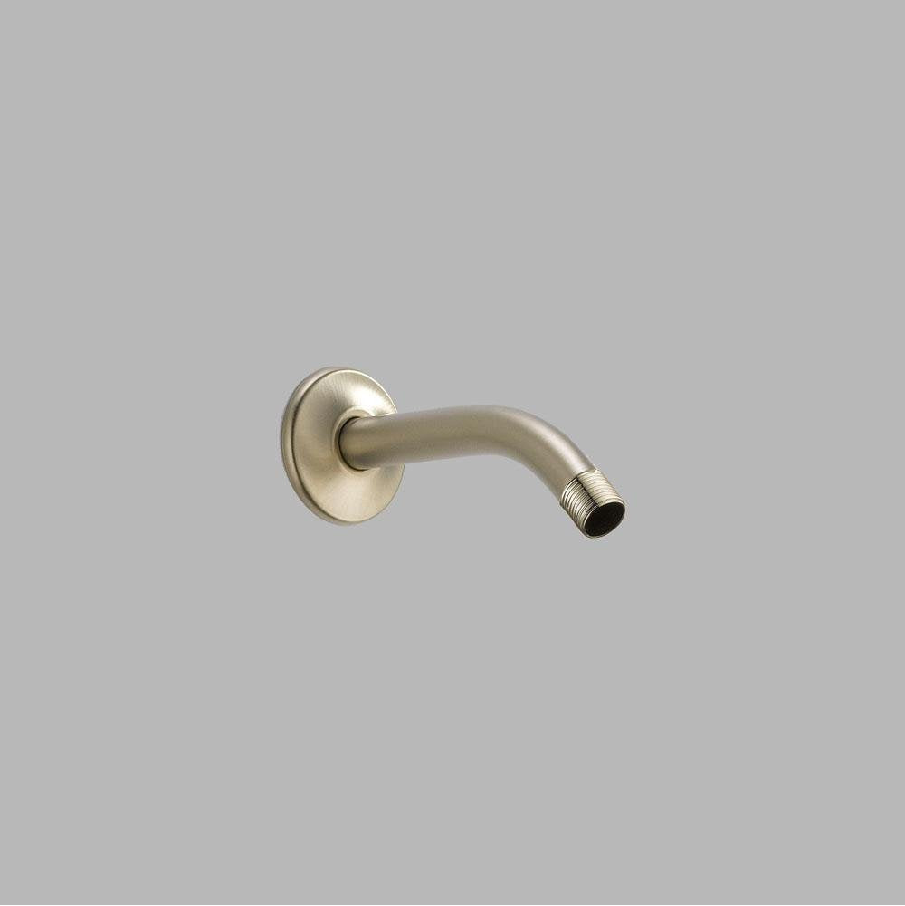 Brushed nickel shower arm with round wall flange and threaded connection end.