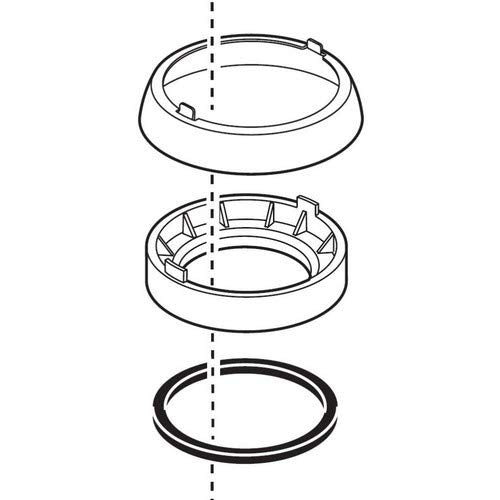 Stainless steel trim ring, base, and gasket components shown in exploded view arrangement.