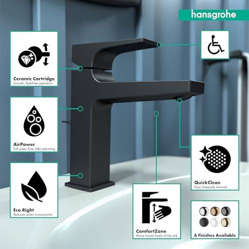 Matte black single-hole bathroom faucet with lever handle and curved spout over white sink.