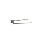Brushed nickel dual towel bar with two parallel horizontal arms extending from a round wall-mounted base.