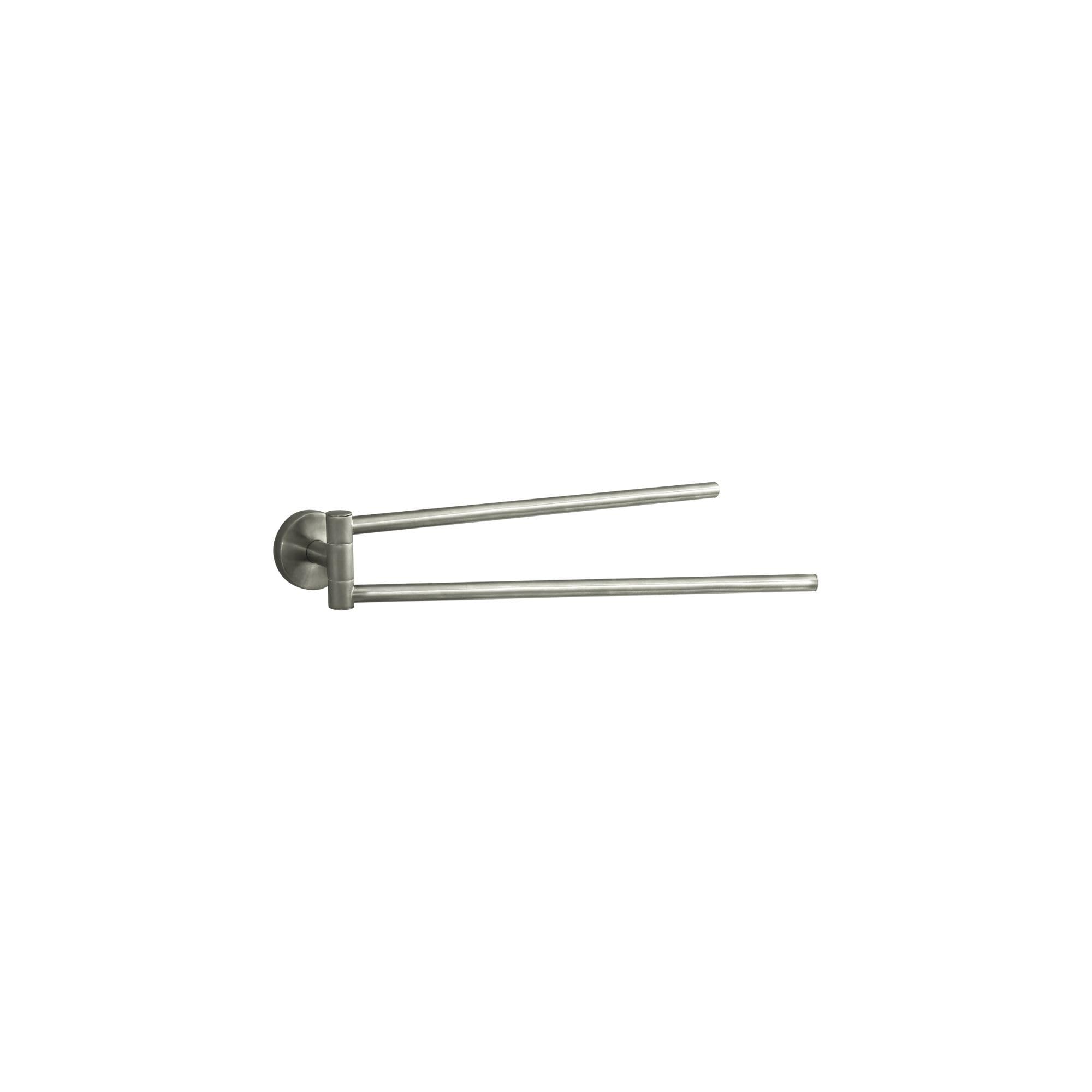 Brushed nickel dual towel bar with two parallel horizontal arms extending from a round wall-mounted base.