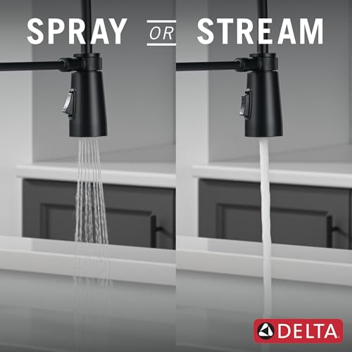 Matte black pull-down kitchen faucet with dual spray and stream water modes demonstrated.