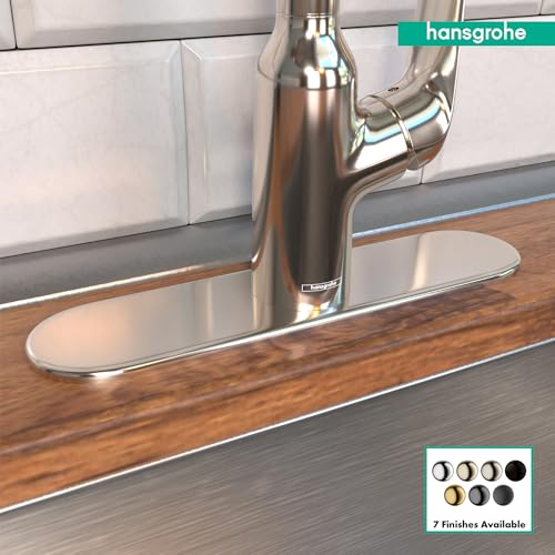 Polished nickel oval base plate for kitchen faucet mounted on wooden countertop beneath chrome faucet.