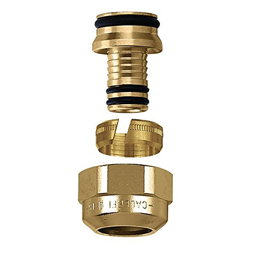 Brass PEX-AL-PEX fitting components with barbed connector, compression ring, and threaded nut displayed separately.