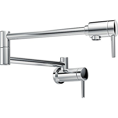 Chrome wall-mounted pot filler faucet with articulating arm and single lever handle.