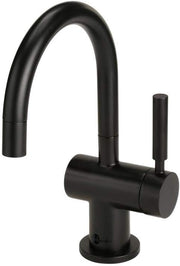 Matte black instant hot water dispenser faucet with curved spout and cylindrical handle.