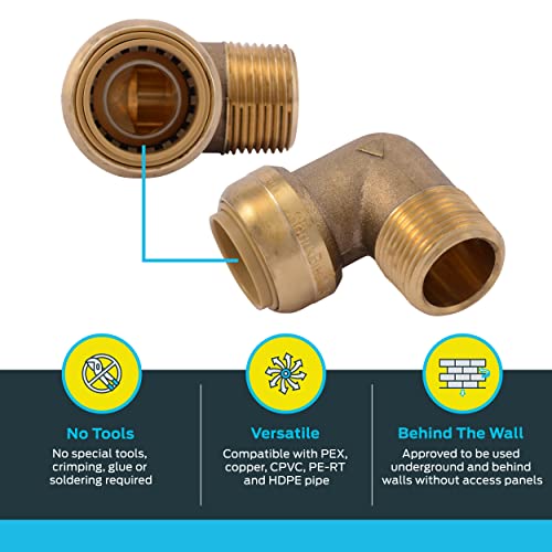 Brass 90-degree elbow fitting with push-to-connect and male threaded connections shown from two angles.