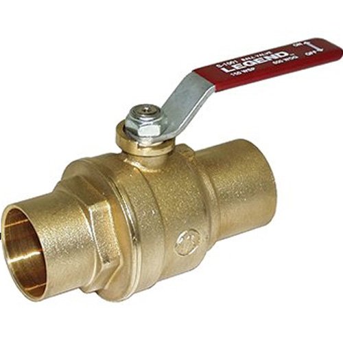 Brass ball valve with red handle and two threaded connection ports for 1-inch piping.