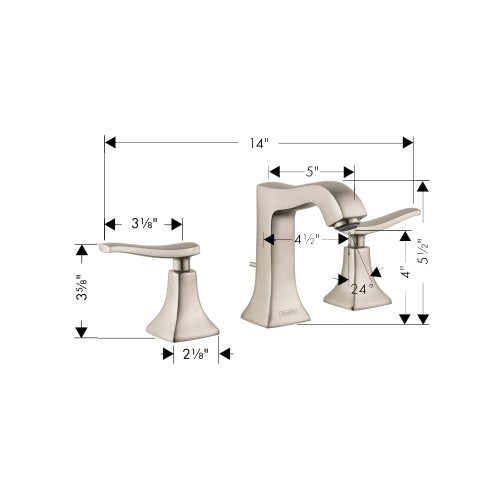 Brushed nickel widespread faucet with two side handles and tall center spout, shown with dimensional specifications.