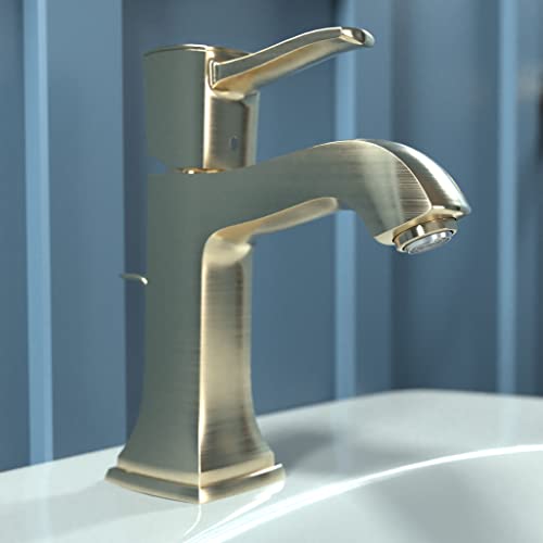Brushed bronze single-hole bathroom faucet with angled spout and pop-up drain mechanism.