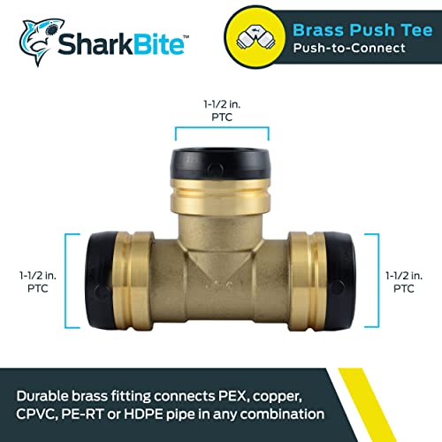 Brass tee fitting with three 1-1/2 inch push-to-connect ports and black grip rings.