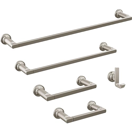 Stainless steel bathroom hardware set including four towel bars and two robe hooks with wall mounts.