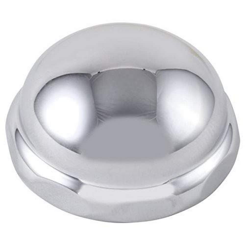 Chrome spout cap with dual spherical handles and central opening for Delta kitchen faucet.