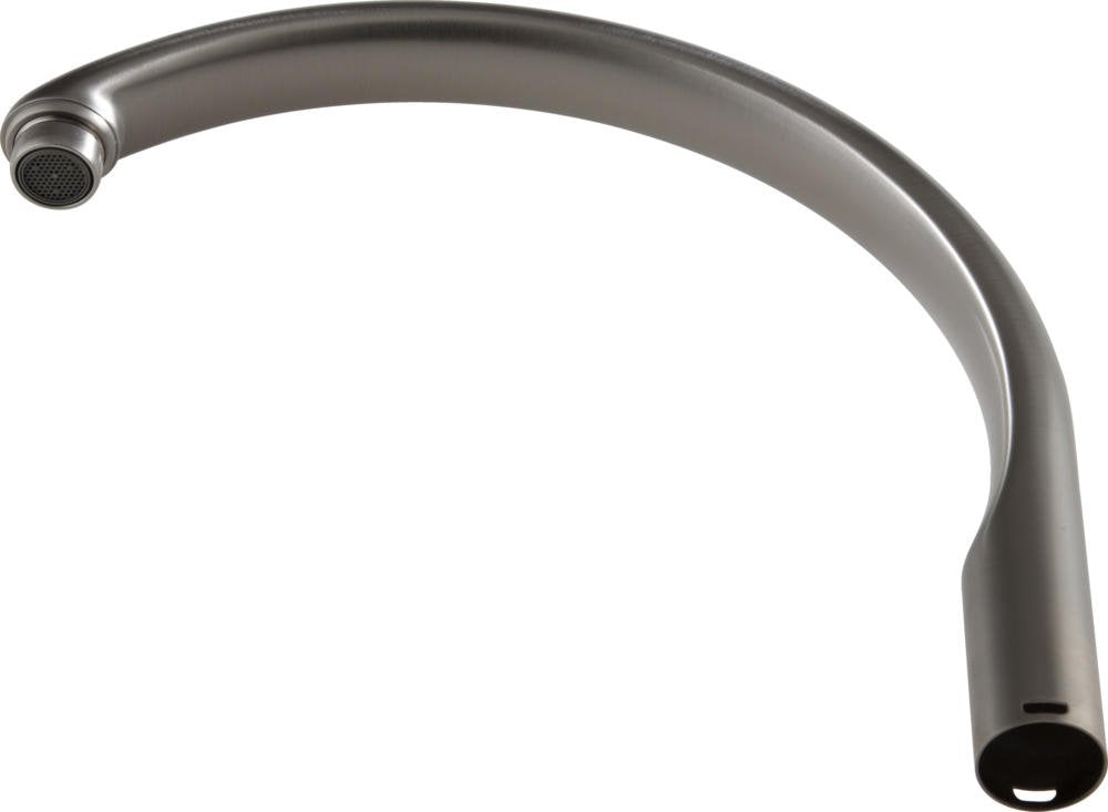 Curved stainless steel faucet spout with aerator head and rounded tube design.
