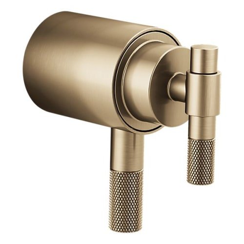 Brushed gold thermostatic valve trim with dual T-lever handles and textured grip sections.