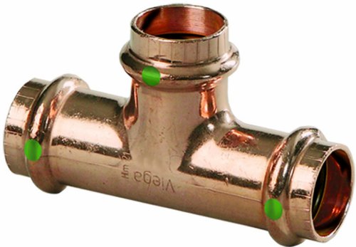 Copper press tee fitting with three ports and green indicator bands on connections.