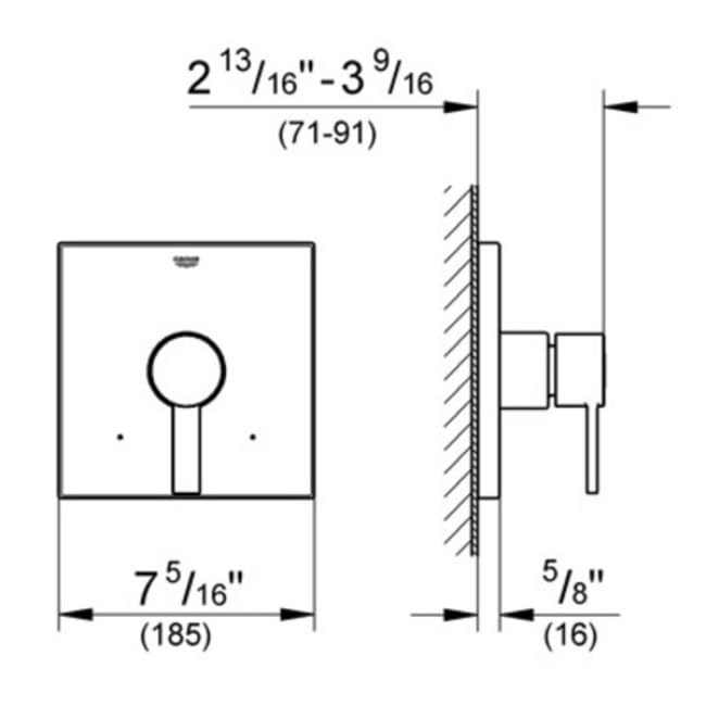 Grohe Allure pressure balance valve trim with round handle and mounting specifications shown in technical diagram view.