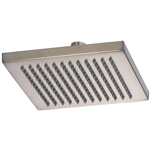 Square stainless steel raincan shower head with multiple spray nozzles and ceiling mount connector.