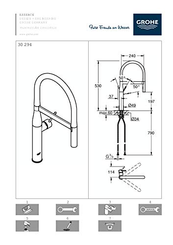 Grohe Essence kitchen faucet with high curved spout, flexible hose, and single lever handle shown in technical specification 