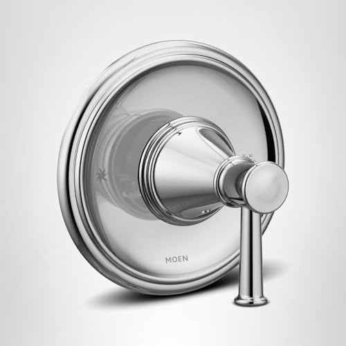 Chrome single-handle shower valve trim with circular escutcheon plate and lever handle.