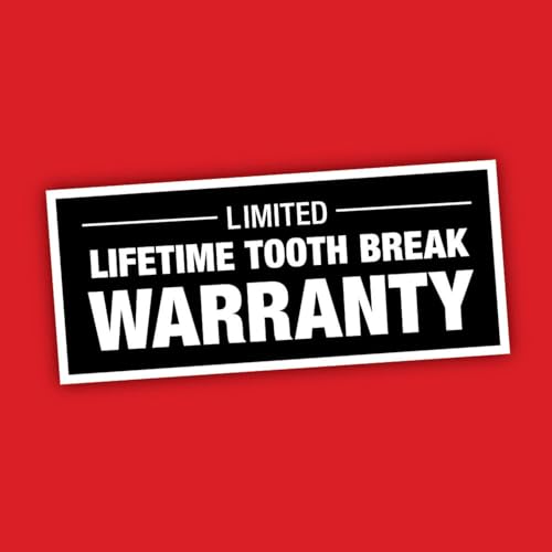 Black and white warranty label on red background advertising limited lifetime tooth break warranty.