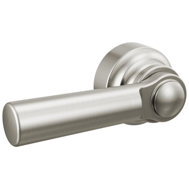 Brushed nickel tank lever with cylindrical handle and decorative spherical rosette.