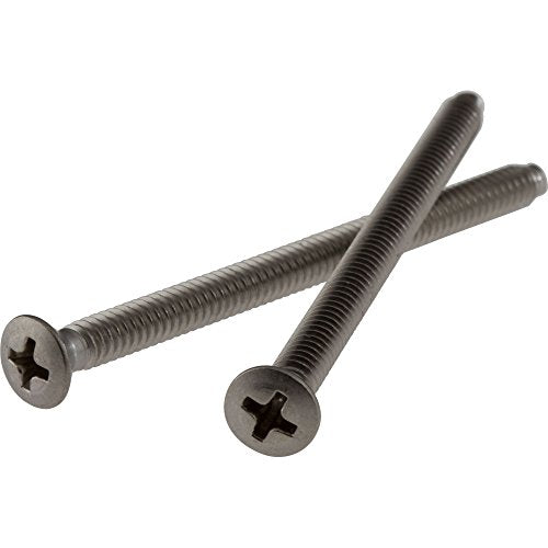 Two stainless steel screws with Phillips heads and threaded shafts for escutcheon trim installation.
