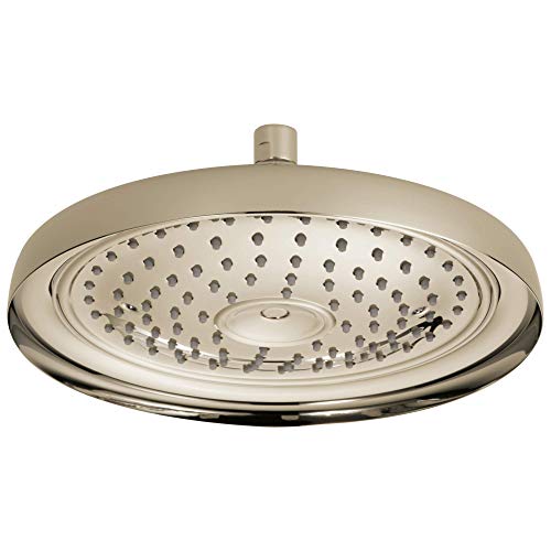 Round brushed nickel raincan shower head with multiple spray holes and chrome trim ring.