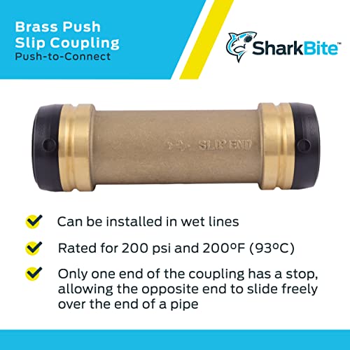 Brass slip coupling with black grip rings on each end, center marked "SharkBite", rated for 200 psi.