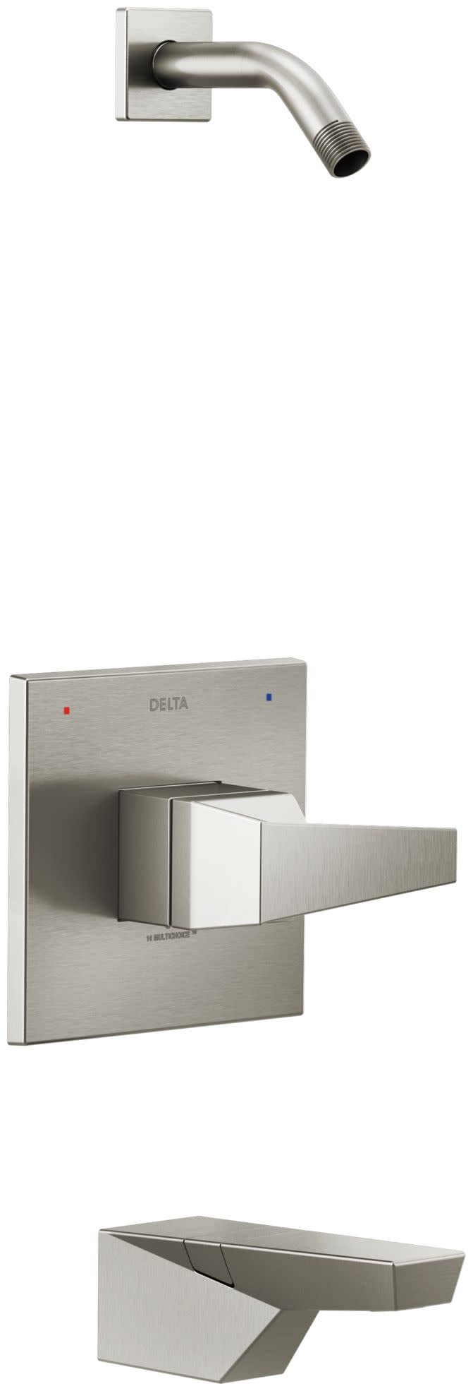 Brushed nickel tub and shower trim with curved spout, lever handle, and rectangular wall plates.