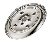 Polished nickel raincan shower head with multiple spray nozzles arranged in circular pattern on oval face.