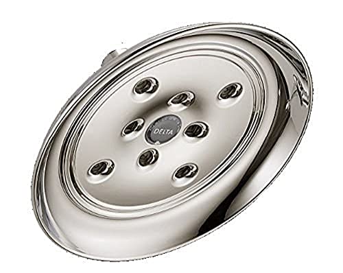 Polished nickel raincan shower head with multiple spray nozzles arranged in circular pattern on oval face.