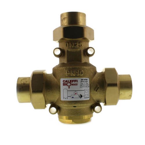 Brass anticondensing valve with 1" sweat connections, labeled Caleffi, mounted with inlet and outlet ports.