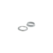 Two chrome-plated circular escutcheon rings with flat and threaded designs.