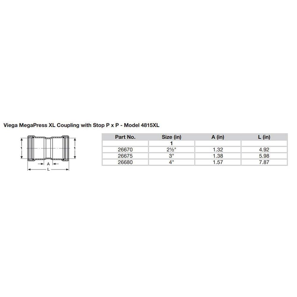 Viega 2-1/2" press coupling with stop, cylindrical metal connector with dimension specifications.