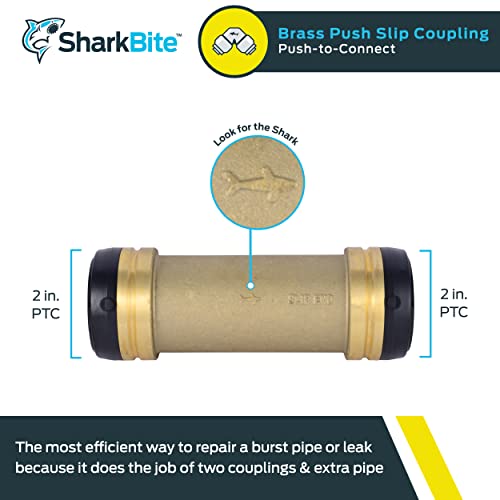Brass cylindrical slip coupling fitting with black rubber grip sleeves on both ends, marked "2 in. PTC" on sides.
