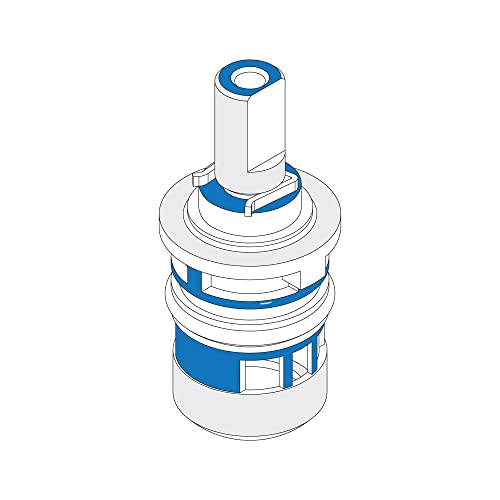 Chrome bathroom faucet valve cartridge with cylindrical body and blue accent bands.