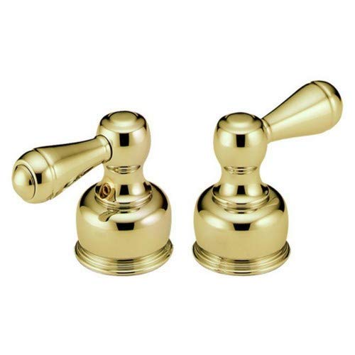 Pair of polished brass bathroom faucet handles with lever arms and round base caps.