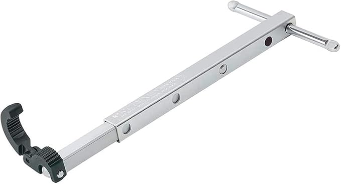 Silver metal basin pipe wrench with black fold-over grip and adjustable T-handle, model 31175.