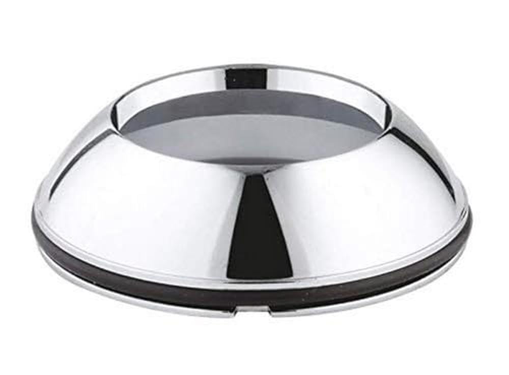 Chrome dome-shaped cap with black rubber ring and interior detail for plumbing fixture assembly.